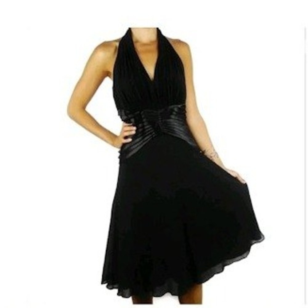 Tadashi Shoji Black 100% Silk Halter Dress Pleated Chiffon Open Back Size 10
